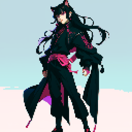 anime boy, black hair, black cat ears, purple eyes, full-body art