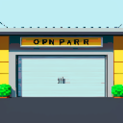 Open garage for cars, grey, asphalt, tools, car parts. The inscription "open"