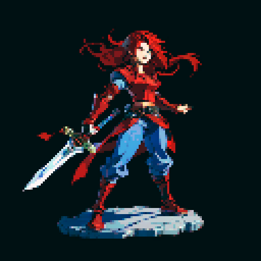 Sprite of a JRPG character with red hair, silver armor, blue pants and black shoes, holding a sword.
