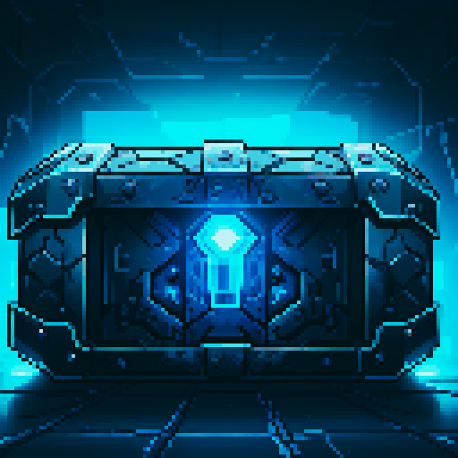 mystery box, stone, metall, shiny, pixel art, sRGB, vibrant colors, glowing lights, intricate patterns
