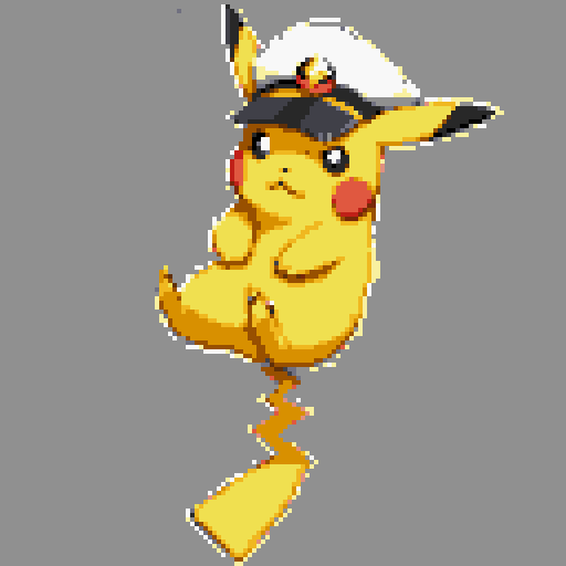 Create an image of Captain Pikachu standing balanced on his tail, showcasing agility. He wears a captain's hat tilted slightly forward over his narrowed eyes. A subtle smirk is on his face. Electric sparks crackle around his cheeks and tail. Focus on his physical details: the hat, the smirk, the tail-standing pose, and the electric sparks.