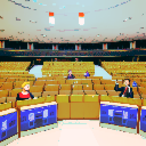 Wide shot of delegates arguing inside of German Federal Parliament, live TV coverage, vibrant colors, pixelated details, retro video game aesthetic, animated pixel art, intricate pixel patterns, dynamic lighting, immersive atmosphere, animated gestures, traditional German clothing, historical significance