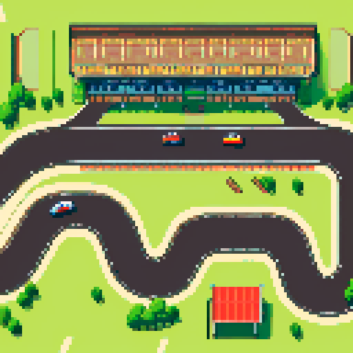 map of the race track, top view, road, grass, grandstands, small cars