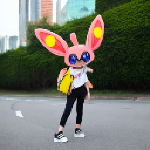 Bunny, big-eyed and kawaii, brandishing a sleek and shiny handgun, set against a vibrant, color-saturated anime background.