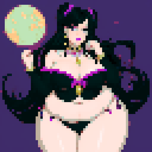 (voluptuous) skillful Azealia was a sight to behold, with her long, feathery, black hair, purple eyeliner highlighting her bewitching gaze, and with a shade of bright crimson painted on her lips. Her body was covered, by a skintight black gown with hanging sleeves that reached down to her thin waist and perfectly, curved bottom. A moon amulet dangled around her neck, dipping into the impressive pair of cleavage that the horny bachelor couldn’t take his eyes off of. (fat belly:0.9). (saggy) (larg