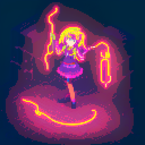 Mage anime girl, flowing hair, fluorescent tattoos, glowing staff, purple neon-lit night market, pixel art