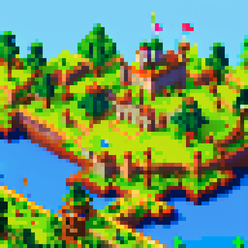 Pixelated castle in Zelda, towering turrets, a moat with floating rupees, Link on horseback charging towards the drawbridge