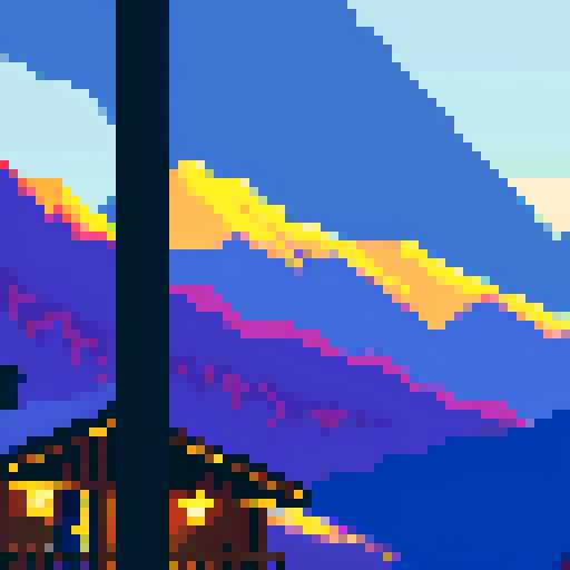cabin subject, lights are on, eastern mountains in background, sunset
