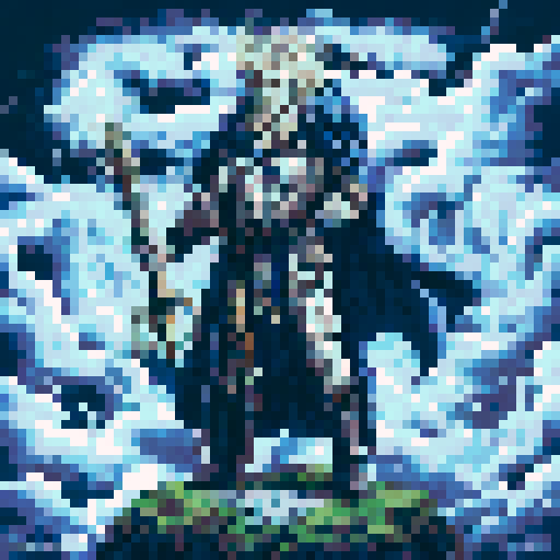 Thalrin Stormcaller, with long, wild silver hair, piercing blue eyes reflecting his storm magic mastery, adorned in a blue and white robe, lightning bolt motifs, holding a sparking staff topped with a lightning bolt, against a stormy sky backdrop, showcasing his elemental control