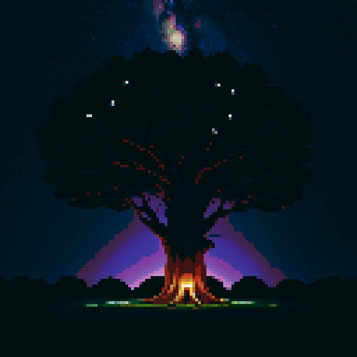 gigantic towering oak tree viewed from afar, nighttime setting, vast black sky with white stars, wide angle lens, nostalgic feel, sega genesis style