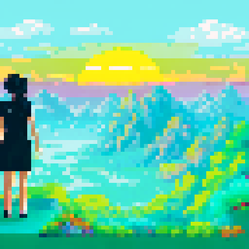 Girl with black hair wearing a black T-shirt and white stockings standing in a pixelated sRGB landscape with towering mountains and a bright, colorful sunset in the background