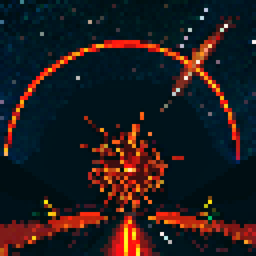 Meteor, streaking through the night sky, fiery trail fading into the darkness, vibrant shades of orange and red, pixelated explosion illuminating the landscape with bursts of sRGB colors