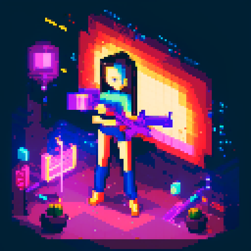  Mage anime girl with flowing hair, fluorescent tattoos, and a pixelated sniper rifle, navigating through a purple neon-lit night market and an sRGB glow