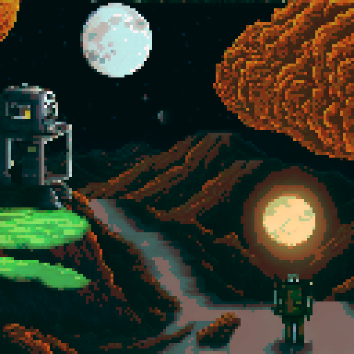 The scene is set as the main protagonist, gurney as seen in the bottom right is on a hill looking over a desolate area with sparse plant life up in flame. We see the back of his head, with his distinct jaw and a cigarette in his mouth. in the distance is a large laboratory, which has smoke coming out of it and a hole in the top. The sky is full of starts, a moon and a distant alien planet
