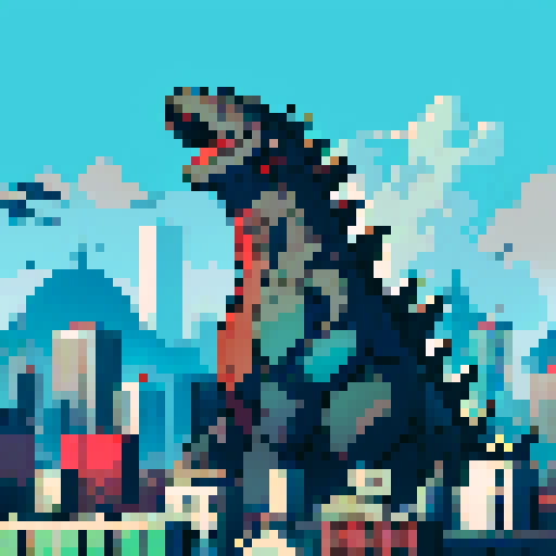 Godzilla towering over skyscrapers, with vibrant and bold colors, in a pixelated art style, creating chaos and destruction in a bustling cityscape
