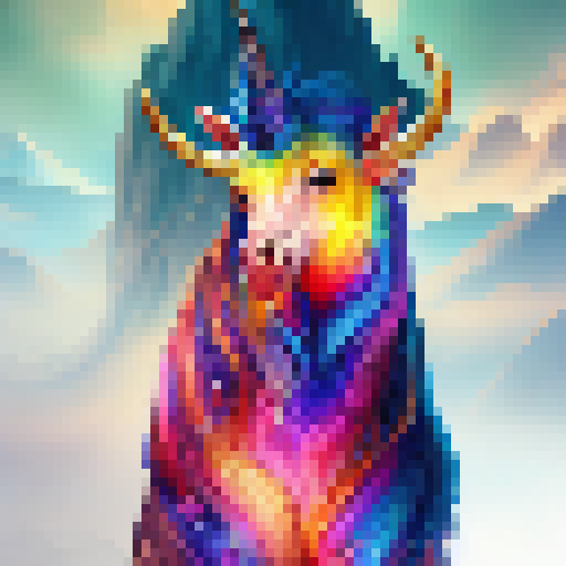 Towering unicorn, rainbow mane, golden hooves, glittering gems and jewels, cascading waterfalls, mystical floating islands - create a fantasy RPG image of this majestic creature standing atop a mountain.