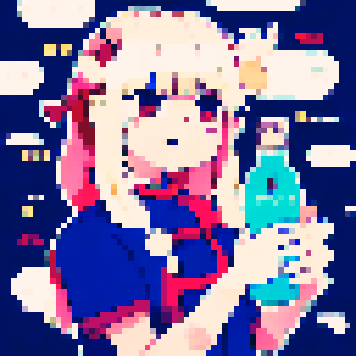 A girl with sandy blonde wavy long hair, wearing a pink apron and holding a nail polish bottle. 