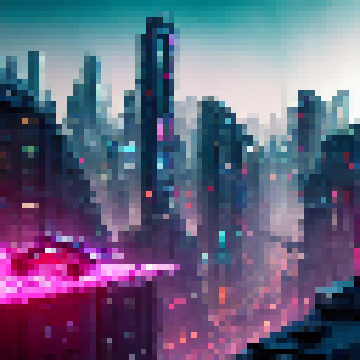 A neon-lit cityscape of towering skyscrapers and flying cars, with a hooded, katana-wielding rogue perched on a rooftop overlooking the bustling metropolis, as a robotic army marches through the streets below.