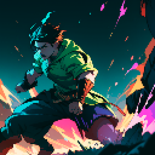 slime, pixelated, heroes, impact, dynamic poses, sRGB, energetic, splattering, motion lines, intense, confrontation, art style, slamming, dramatic lighting, action-packed, contrasting backgrounds