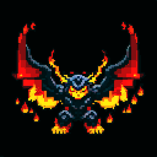 A larger, more formidable fire demon with intense flames engulfing its body, large wings, and glowing yellow eyes. It radiates heat and has a fierce, intimidating expression. No background.
