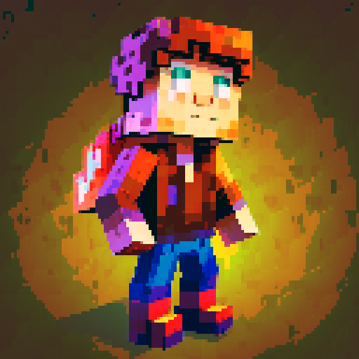 pixelated human character, Minecraft-inspired, blocky features, retro video game style, vibrant colors, low resolution, 8-bit aesthetic, square-shaped body, pixelated hair, pixelated clothing, pixel art, sRGB