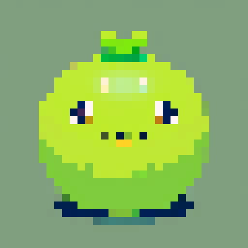 A simple, semi-transparent green blob with large, round eyes and a cheerful smile. No background.
