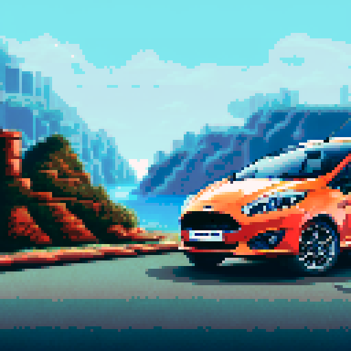 Photorealistic, centered Ford Fiesta in a three quarter view, right wheel in front, clean background, pixel art style with sRGB colors