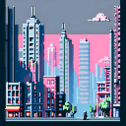 Cityscape, towering skyscrapers, bustling streets, retro video game vibes, blocky pixelated buildings, grey palette, 8-bit art style,ARNE32 palette, little details
