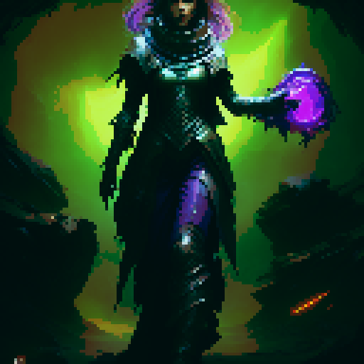 female necromancer, long dark hair, full body, action pose, swirling purple and green magic, mysterious ruins, ethereal glow, intricate staff, tight fitting flowing robes, intense gaze, dark shadows, ancient spellbook, fantasy Medieval RPG