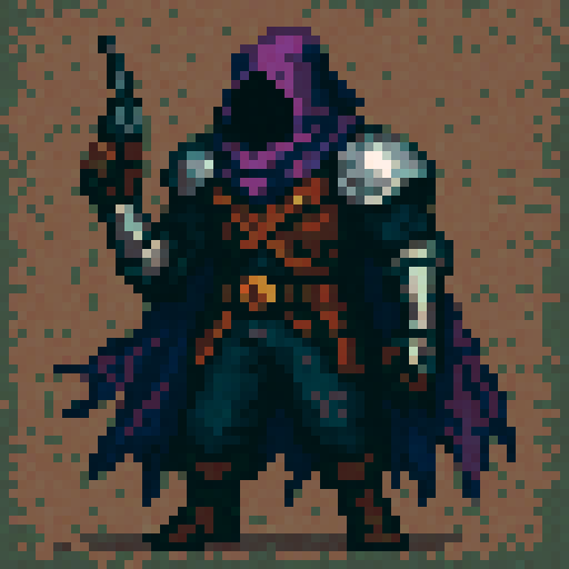 mysterious gunslinger, metal shoulder pads, metal gauntlets, bluish gray pants, brown leather chest armor with yellow highlights, bright purple tattered cloak covering face, sRGB, pixel art