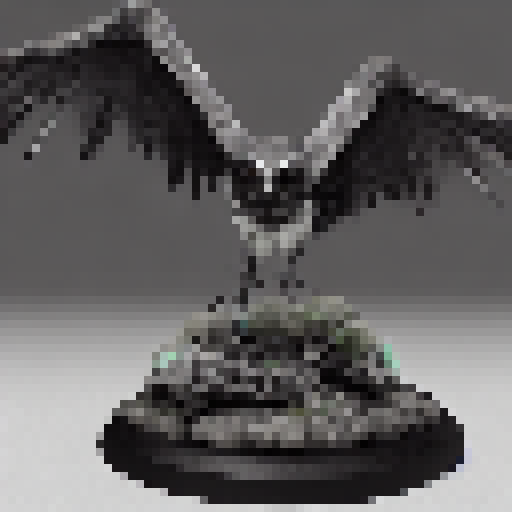 Menacing, sharp-feathered Eldritch Owl with evil black, white, and silver color scheme in Fantasy RPG style. full face