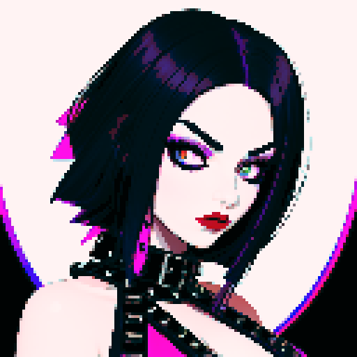 curvy, busty goth girls face, whole head portrait, black hair, purple eyeshadow, red lipstick, low black studded leather halter top, studded collar, vibrant srgb colors, edgy aesthetic. 16 bit anime style