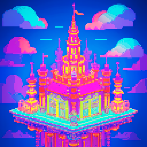 floating palace in the sky, vibrant colors, intricate details, isometric view, low resolution, retro aesthetic, 8-bit graphics, neon lights, glowing windows, billowing clouds, multi-tiered structure, fantastical architecture, whimsical atmosphere, towering spires, ethereal glow