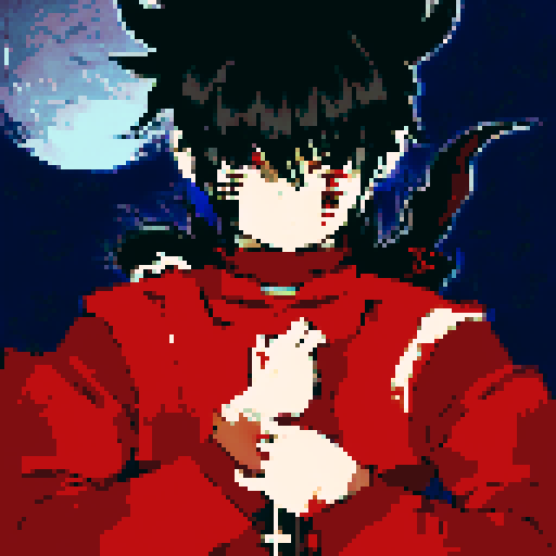 Male half-demon warrior, short black hair, captivating fusion of dark and fiery elements, red eyes reflecting fierce determination and vulnerability, attire blending traditional and modern influences from human and demon, character portrait, anime style, pixel art, close-up