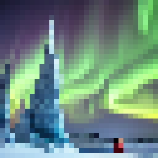 Nerdy woman, bundled in a puffy coat, braves the frozen tundra on a fantastical yeti steed, exploring a mysterious sci-fi world with otherworldly ice sculptures and a mystical aurora borealis painting the sky.