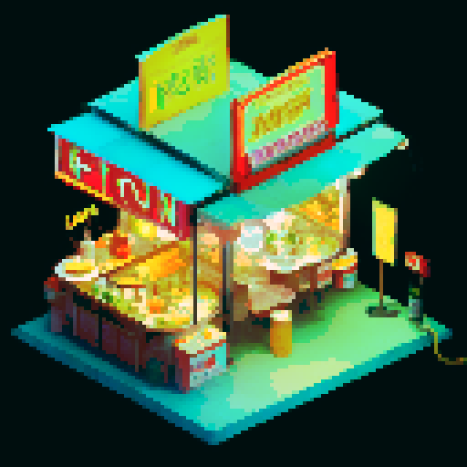 Isometric view of a food stall. Set at night. Neon sign is the sole source of light. Red and cream awnings. Has tables and stools around for diners. No people. Retro-futuristic style.