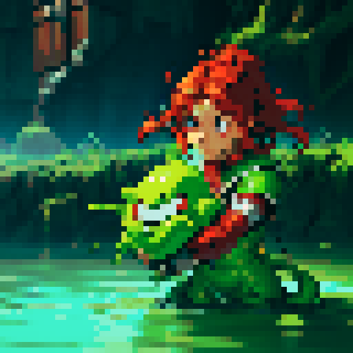 hero sinking into slime, hero drowning in slime, hero has red hair, hero has silver armor