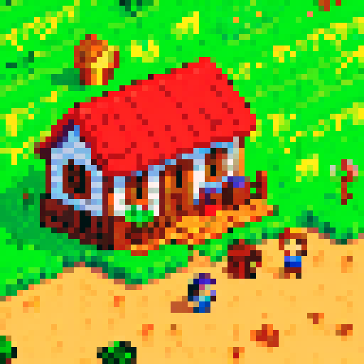Stardew valley farmer tending to vibrant, pixelated crops under the warm, sRGB sun