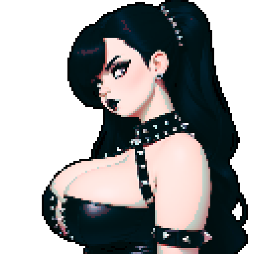 curvy, busty cute goth babe with studded collar, big titty goth wearing halter top, side view, close up glamour shot, pixel art, sRGB