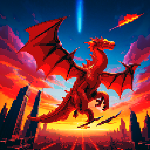 A rock guitarist riding a dragon, flying through a fiery sky above a futuristic city, brandishing his guitar like a sword