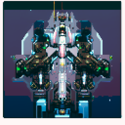 topdown view, sleek and slim space battleship, two prominent main guns, large pixel art board