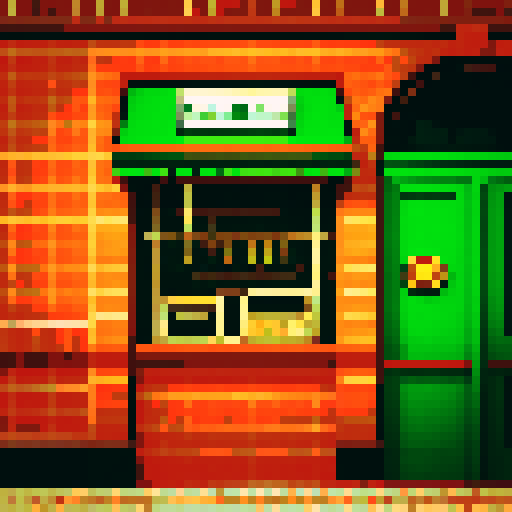 Old-school bank, vintage teller window, pixelated dollar bills, sRGB colors, brick exterior, retro vault door