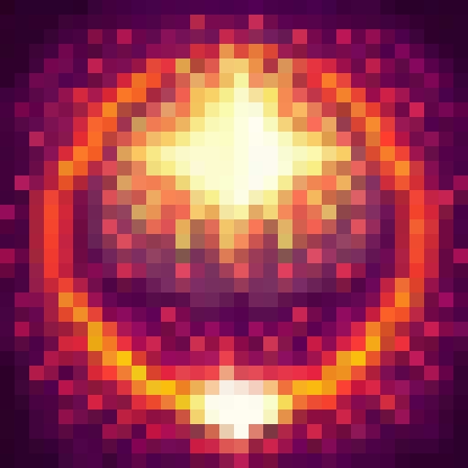 Fiery explosion engulfs the battlefield, scorching the earth and painting the sky crimson and orange in a 32x32 pixelated art style.
