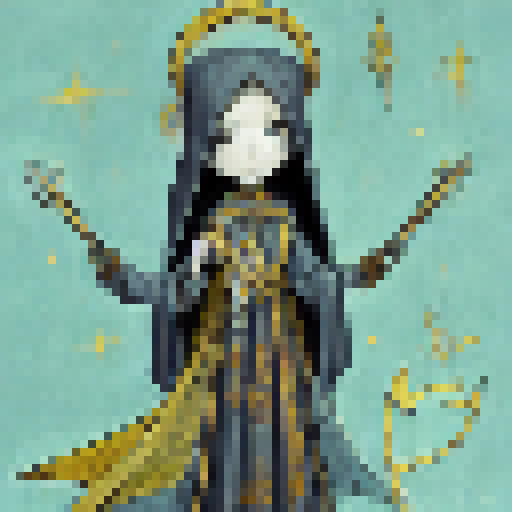 Chibi nun with holy staff surrounded by glowing runes, banishing demon with a spell in whimsical Fantasy RPG style.