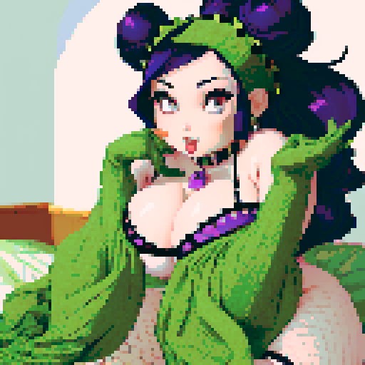 thicc, curvy, seductive busty goth babe with studded collar, long purple hair in buns, fishnet stockings, orgasmic aroused nude big titty goth in a nude sexy pose, pixel art, sRGB