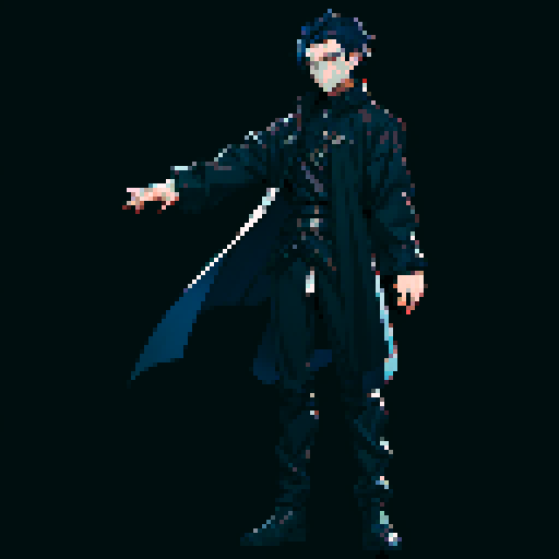 male character, black clothing, standard pose, full body, dark blue hair