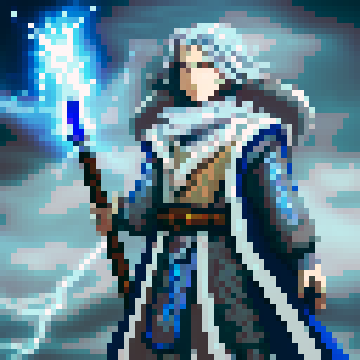 Thalrin Stormcaller, powerful storm wizard, with long, wild silver hair, piercing blue eyes reflecting mastery over storm magic, adorned in blue and white robe with lightning bolt motifs, holding sparking staff topped with lightning bolt, against stormy sky with dark clouds, flashes of lightning Style: pixel art