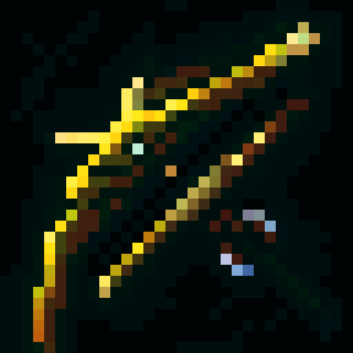 angelic, golden halo, flowing hair, delicate features, serene expression, feathered wings, ethereal glow, intricate bow, celestial colors, gleaming gems, soft shading, pixelated details