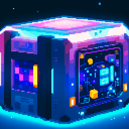 futuristic bulky lootbox, glowing buttons, intricate details, space stars galaxy glow, pixel art style