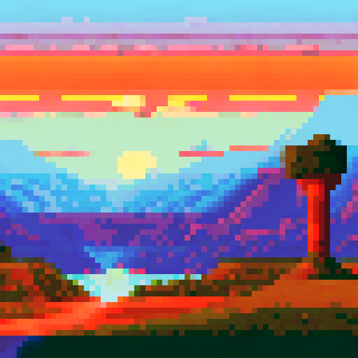 Mountains towering over a vibrant, sun-drenched Anatolian landscape, rendered in pixel art with a sRGB palette